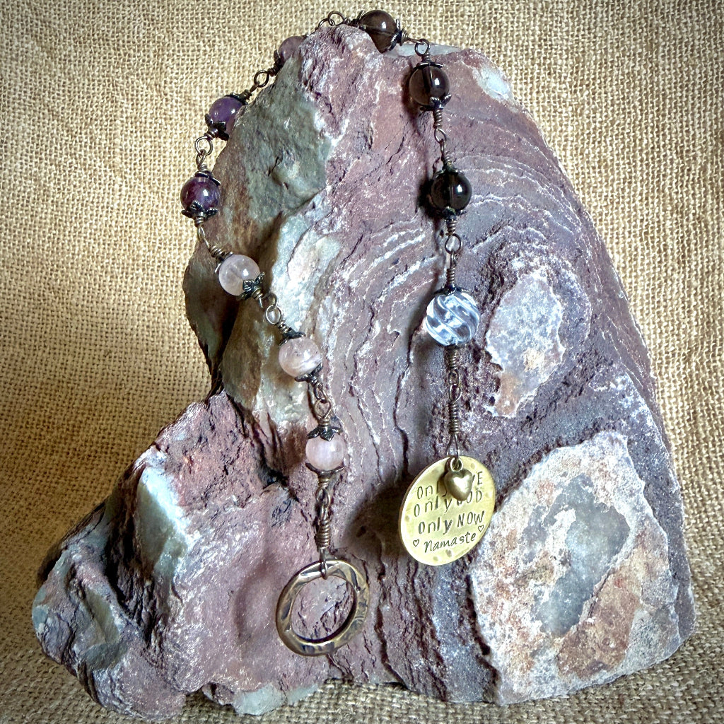 3-Onlies Hangable Rosary | Morganite, Cacoxenite, Smoky Quartz draped on stone