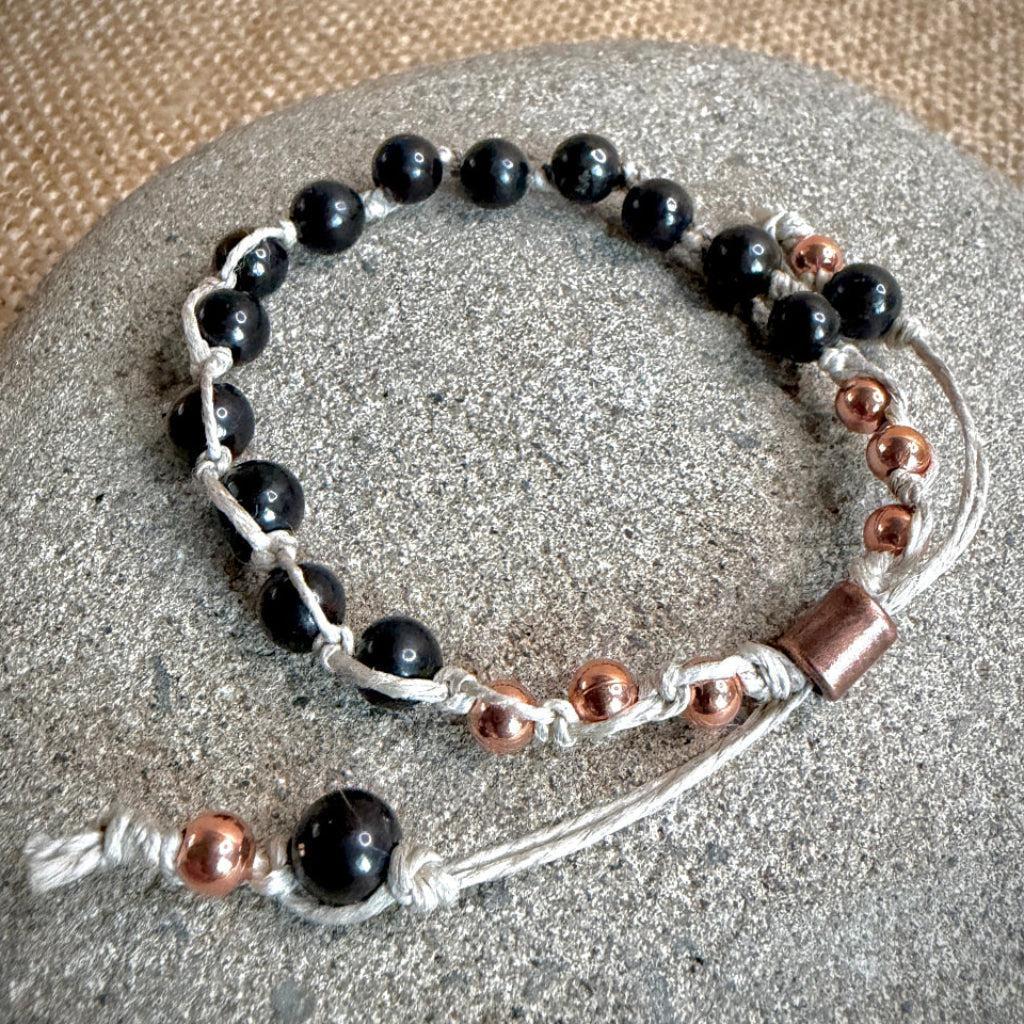 Adjustable Shungite Beaded Bracelet on Linen