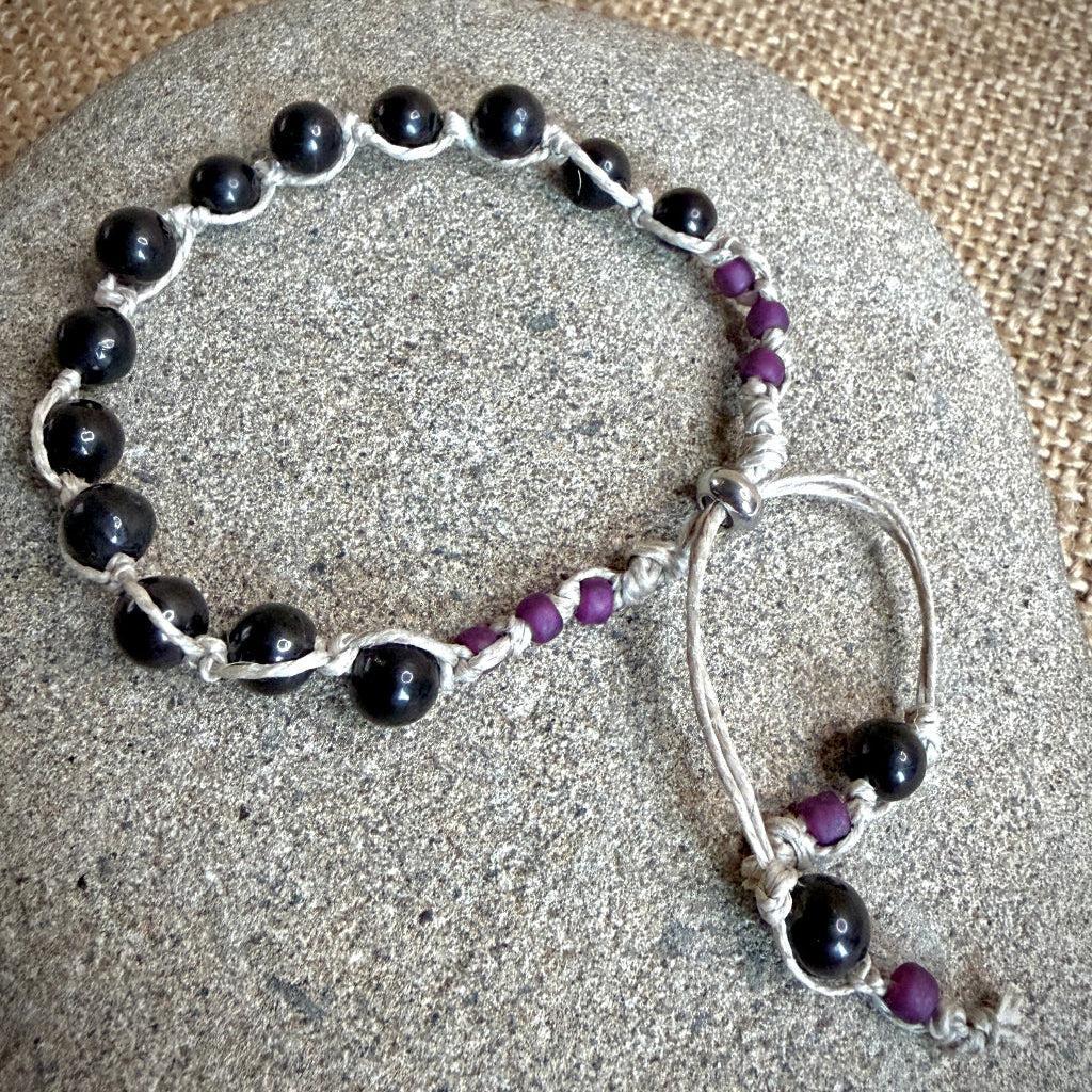 Adjustable Shungite Beaded Bracelet on Linen