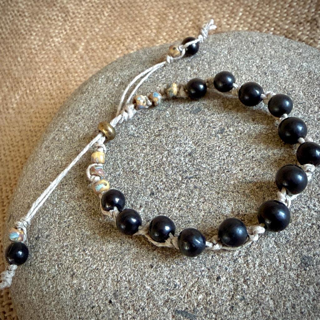 Adjustable Shungite Beaded Bracelet on Linen