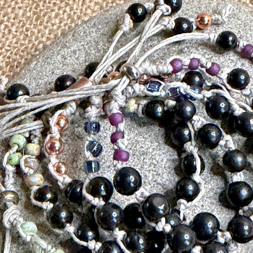 Adjustable Shungite Beaded Bracelet on Linen