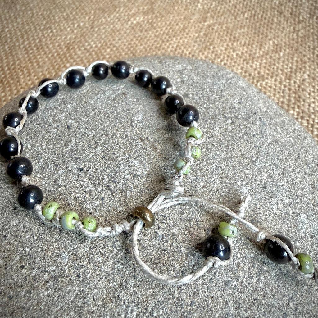 Adjustable Shungite Beaded Bracelet on Linen