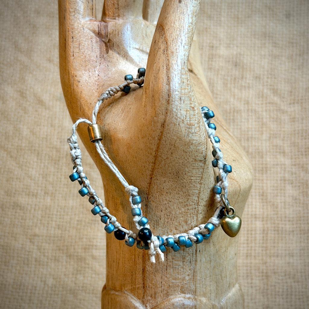 Adjustable Shungite Bracelet for Kids | Blue Beads with Bronze Heart