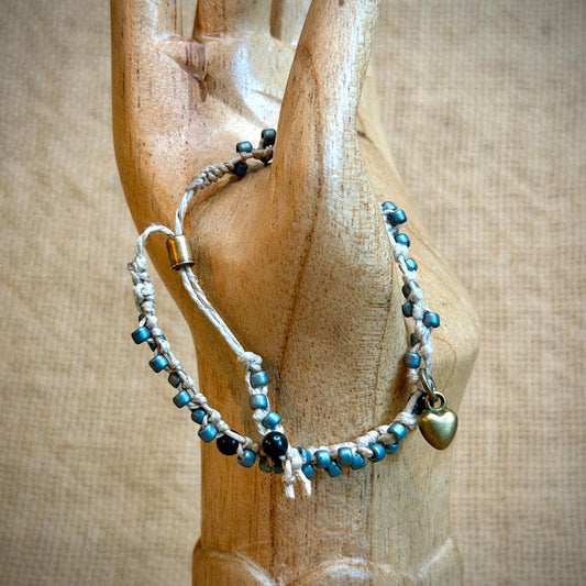 Adjustable Shungite Bracelet for Kids | Blue Beads with Bronze Heart