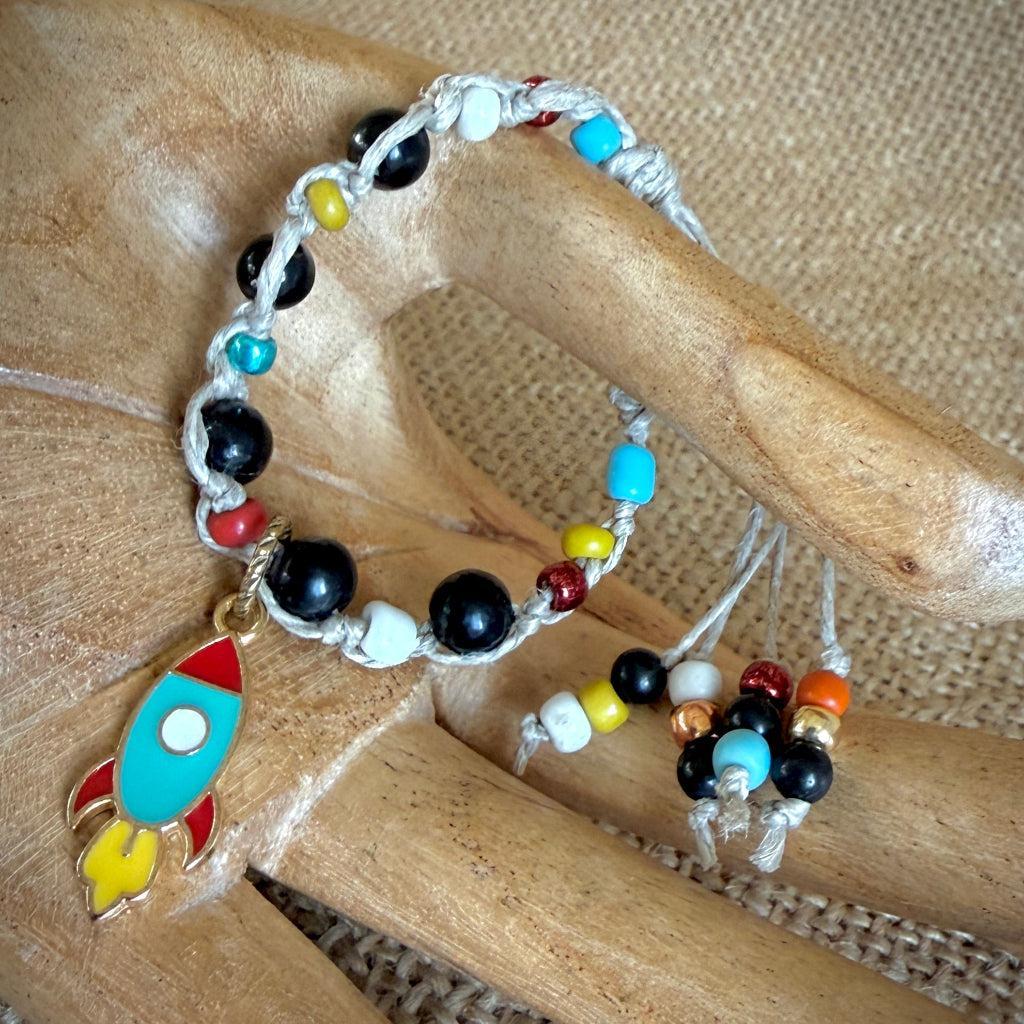 Adjustable Shungite Bracelet for Kids | Rocket in Primary Colors