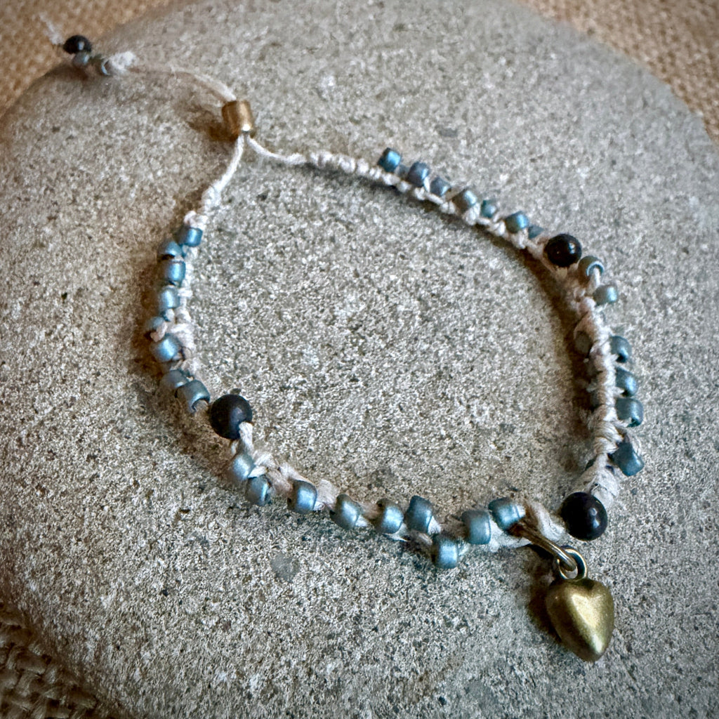 Adjustable Shungite Bracelet for Kids | Blue Beads with Bronze Heart