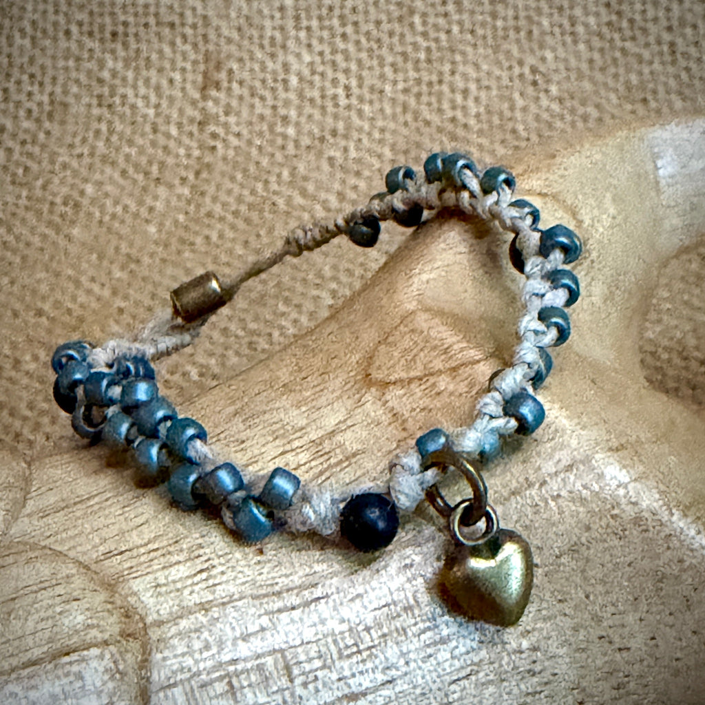 Adjustable Shungite Bracelet for Kids | Blue Beads with Bronze Heart 2