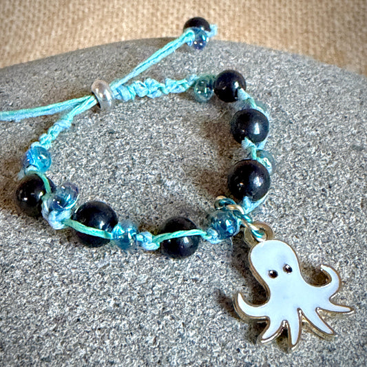 Adjustable Shungite Bracelet for Kids | Bluegreen Hemp, White Octopus