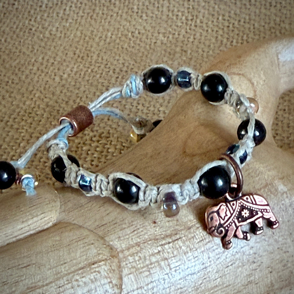 Adjustable Shungite Bracelet for Kids | Copper Elephant on Linen 1