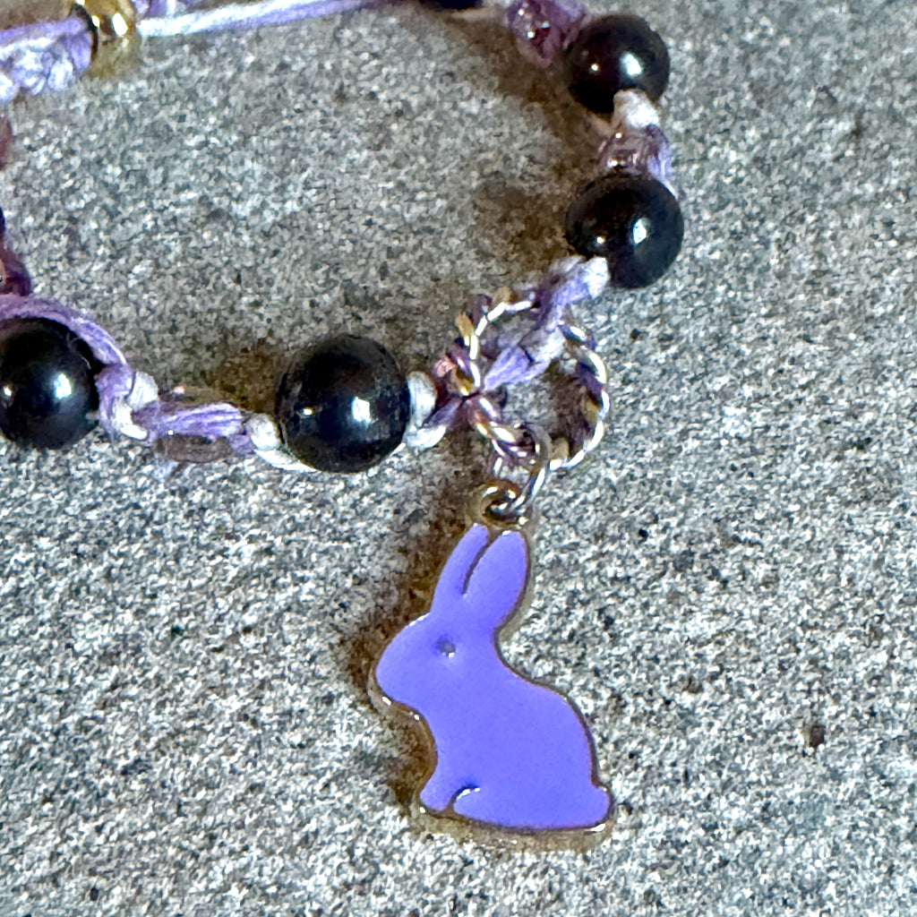 Adjustable Shungite Bracelet for Kids | Lavender Hemp & Matching Bunny closeup