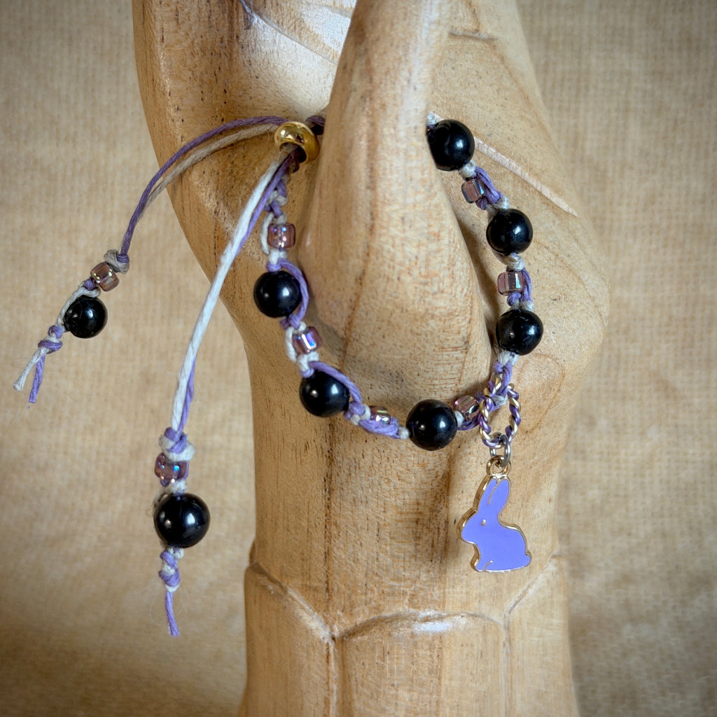 Adjustable Shungite Bracelet for Kids | Lavender Hemp & Matching Bunny draped on wooden arm
