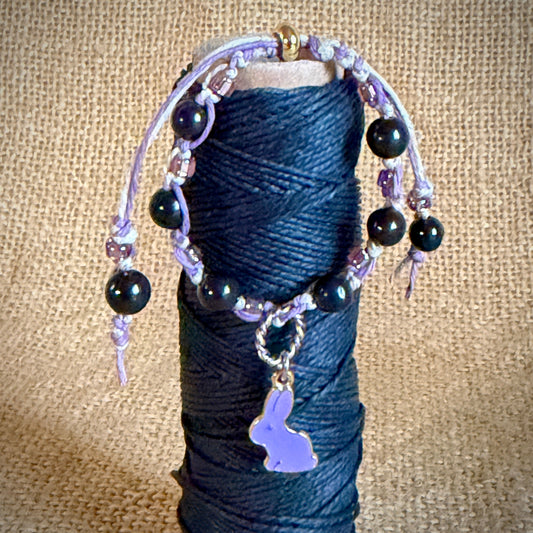 Adjustable Shungite Bracelet for Kids | Lavender Hemp & Matching Bunny on spool of black hemp