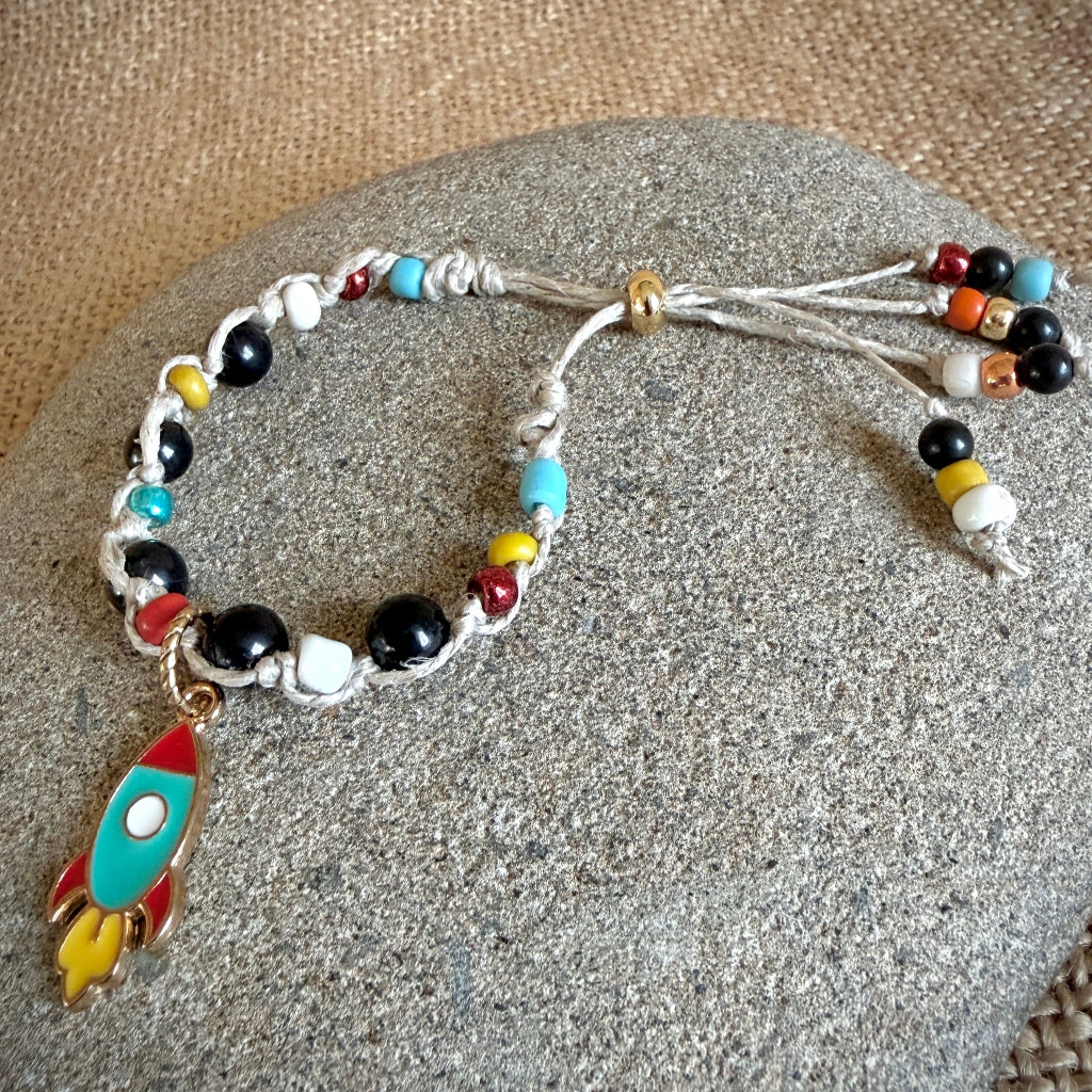 Adjustable Shungite Bracelet for Kids | Rocket in Primary Colors