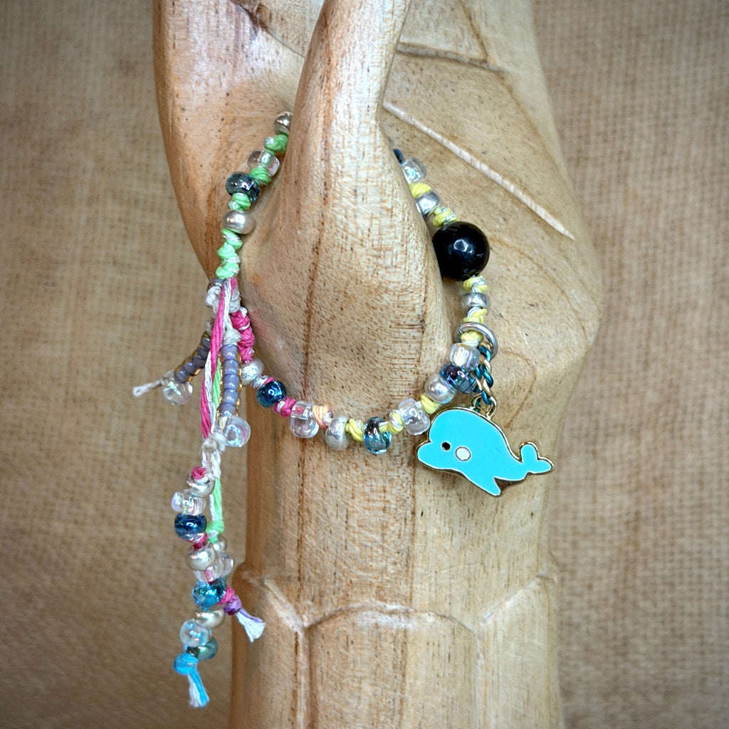 Adjustable Shungite Bracelet for Kids | Soft Pastels Blue Dolphin Charm