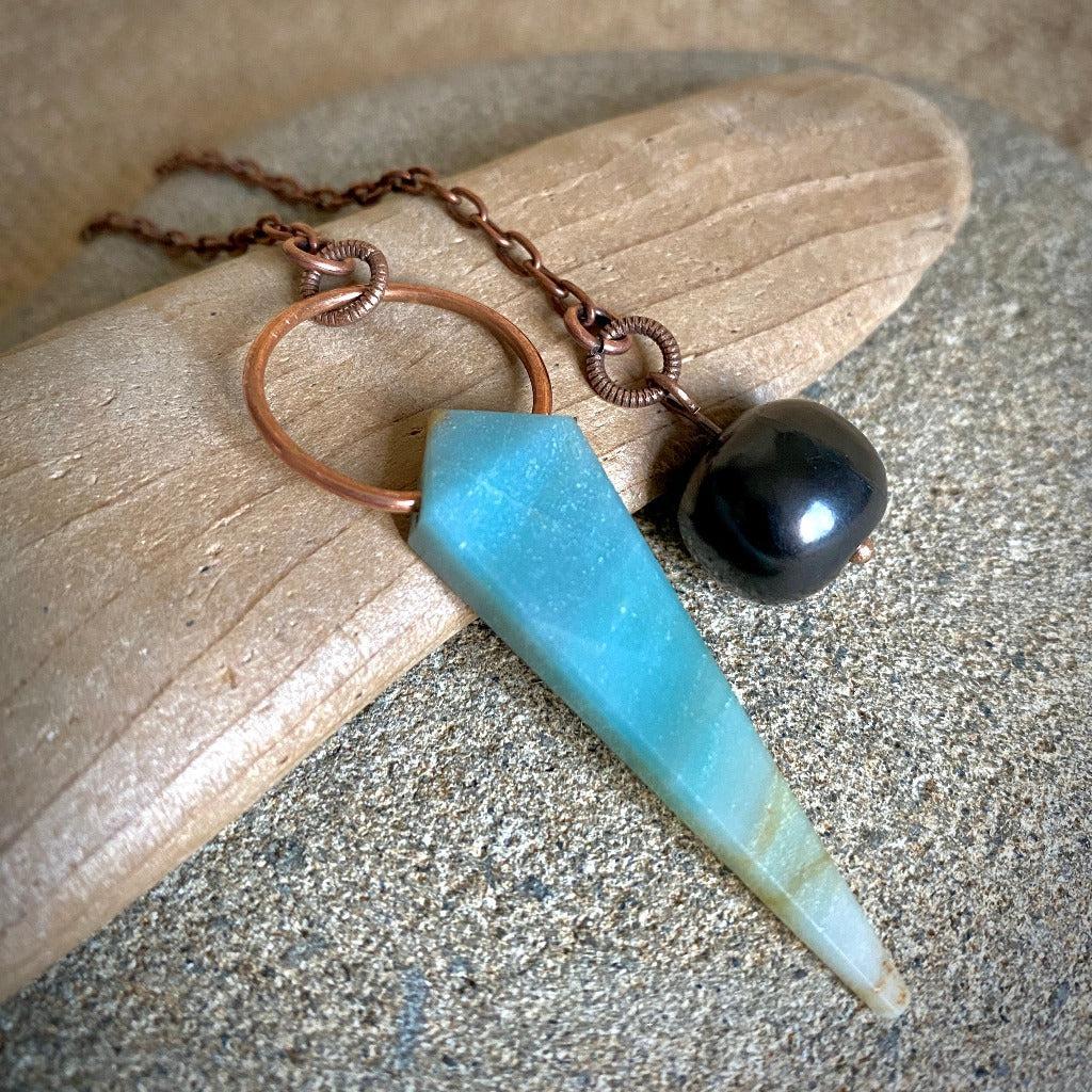 Amazonite Pendulum with Copper Ring Bail & Shungite Bead Grip