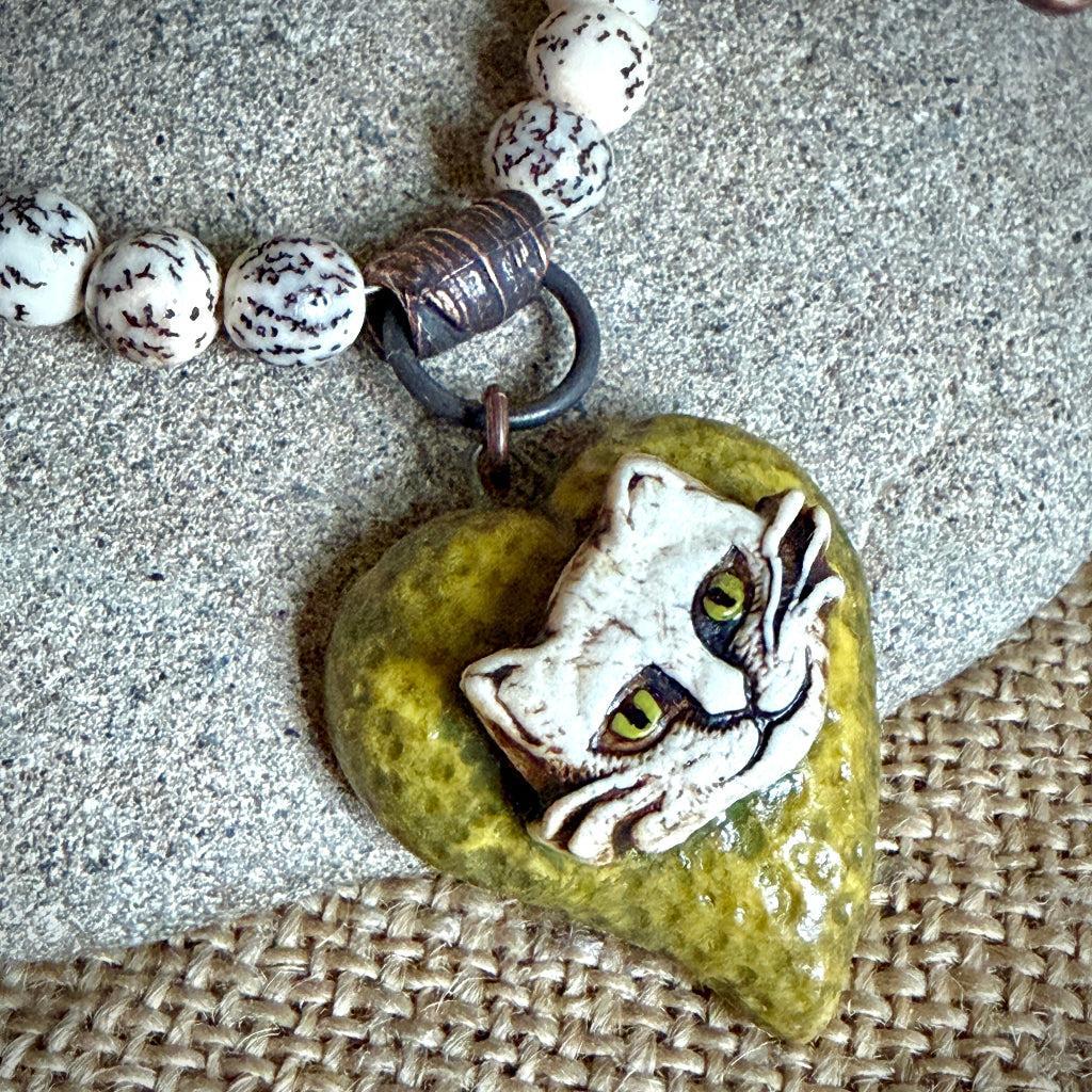 Artisan Cat Pendant Shungite Necklace | With Copper & Salwag Seed Beads