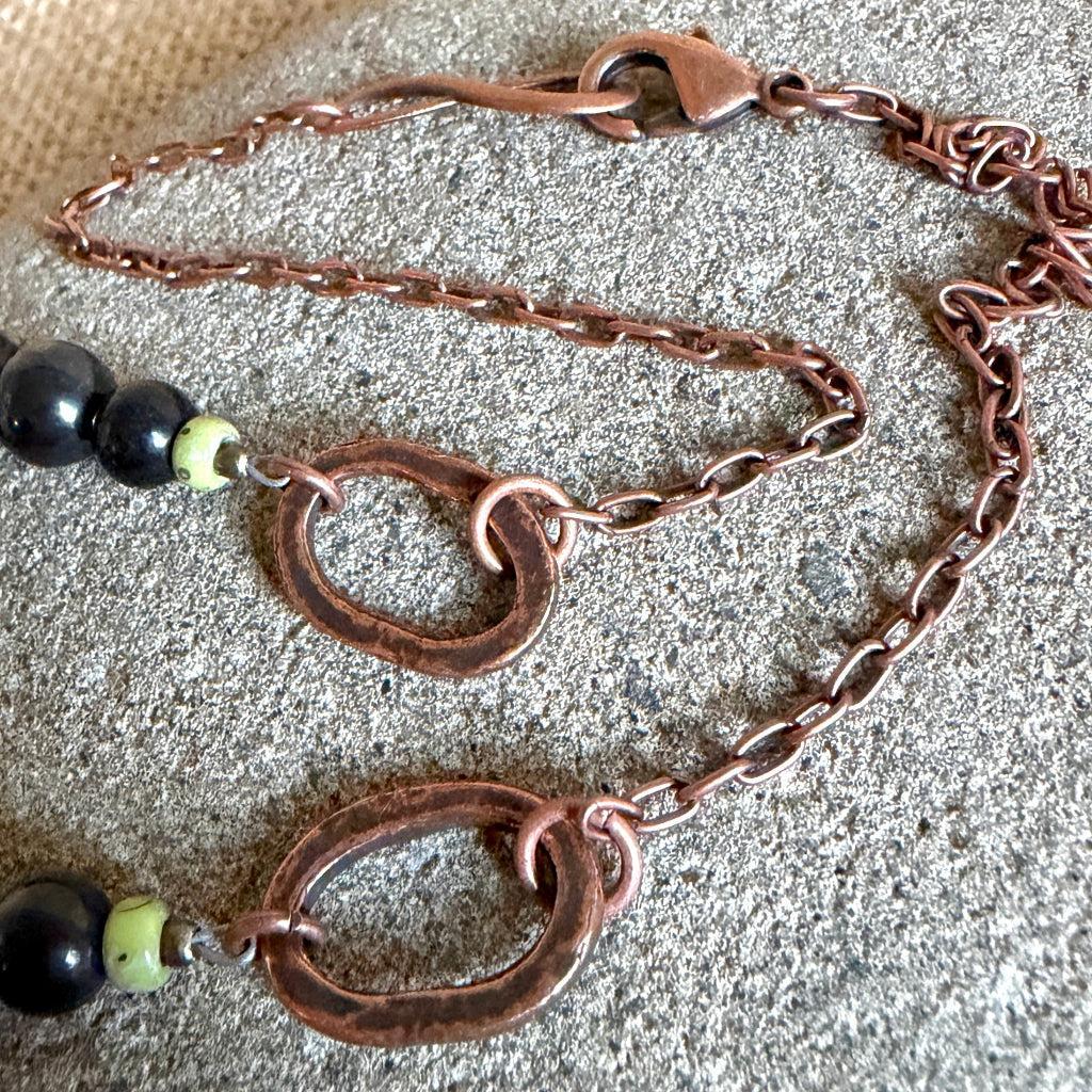 Artisan Cat Pendant Shungite Necklace | With Copper & Salwag Seed Beads