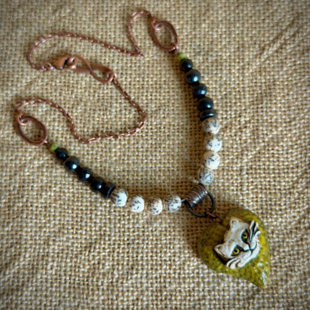 Artisan Cat Pendant Shungite Necklace | With Copper & Salwag Seed Beads