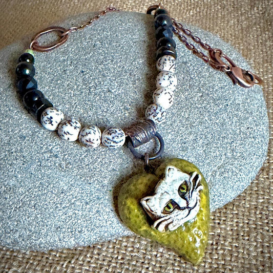 Artisan Cat Pendant Shungite Necklace | With Copper & Salwag Seed Beads