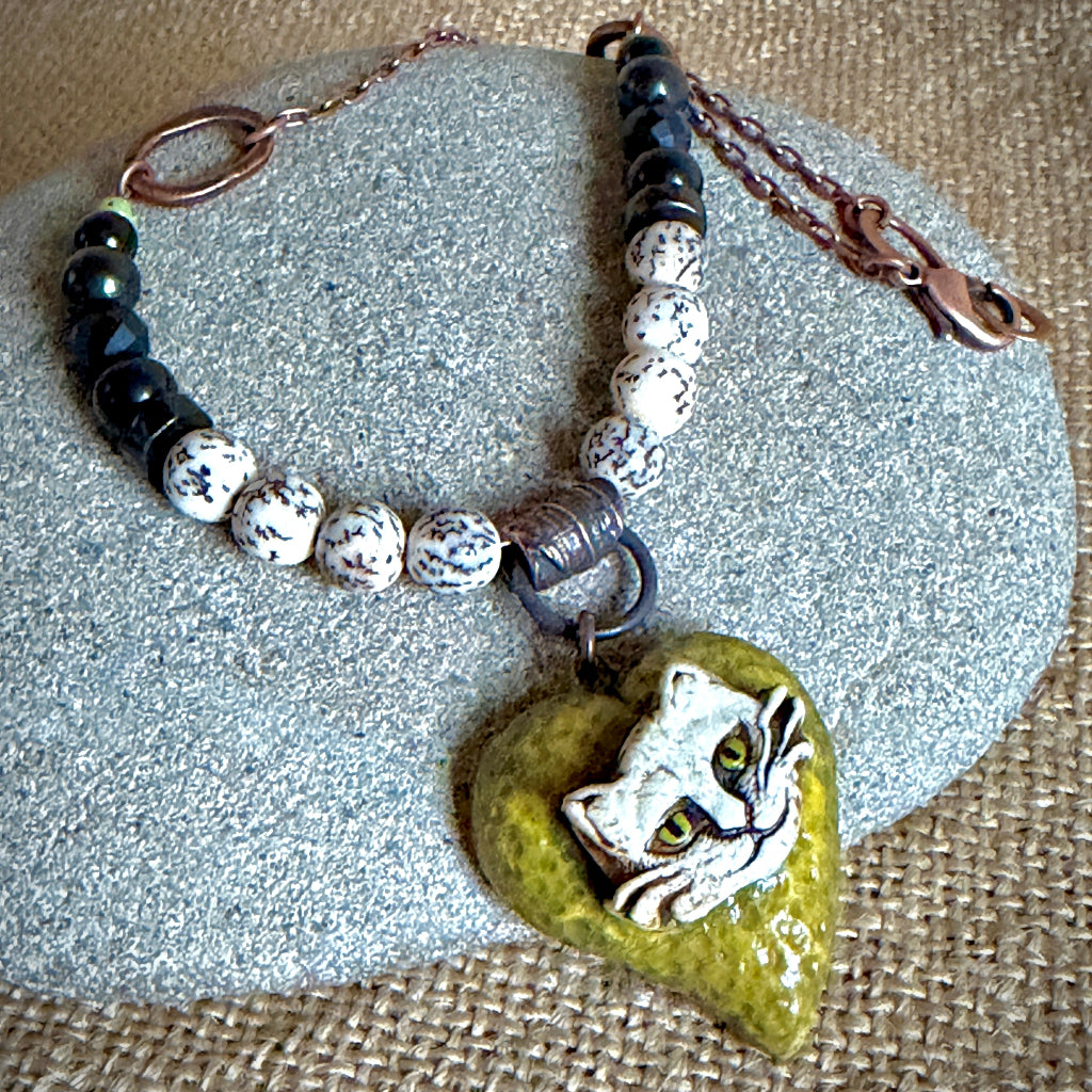 Artisan Cat Pendant Shungite Necklace | With Copper & Salwag Seed Beads