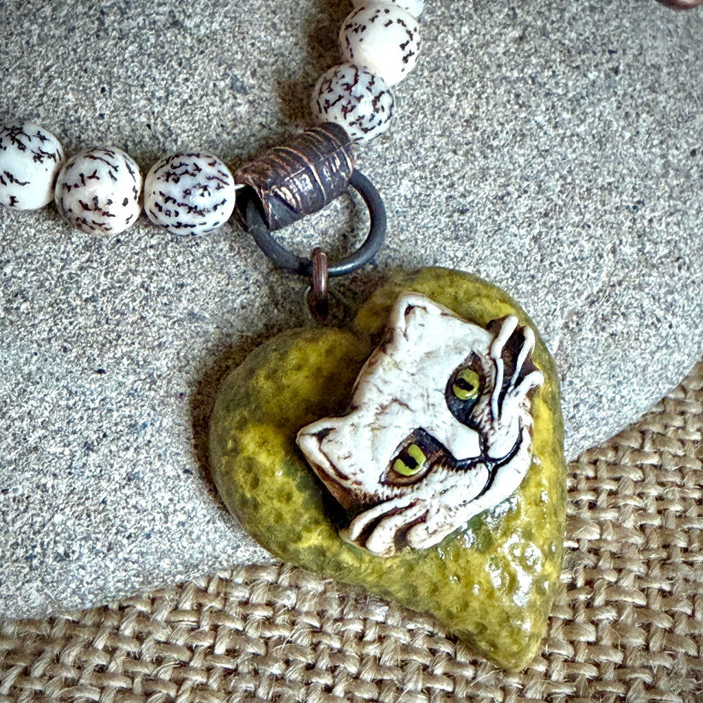 Artisan Cat Pendant Shungite Necklace | With Copper & Salwag Seed Beads 1