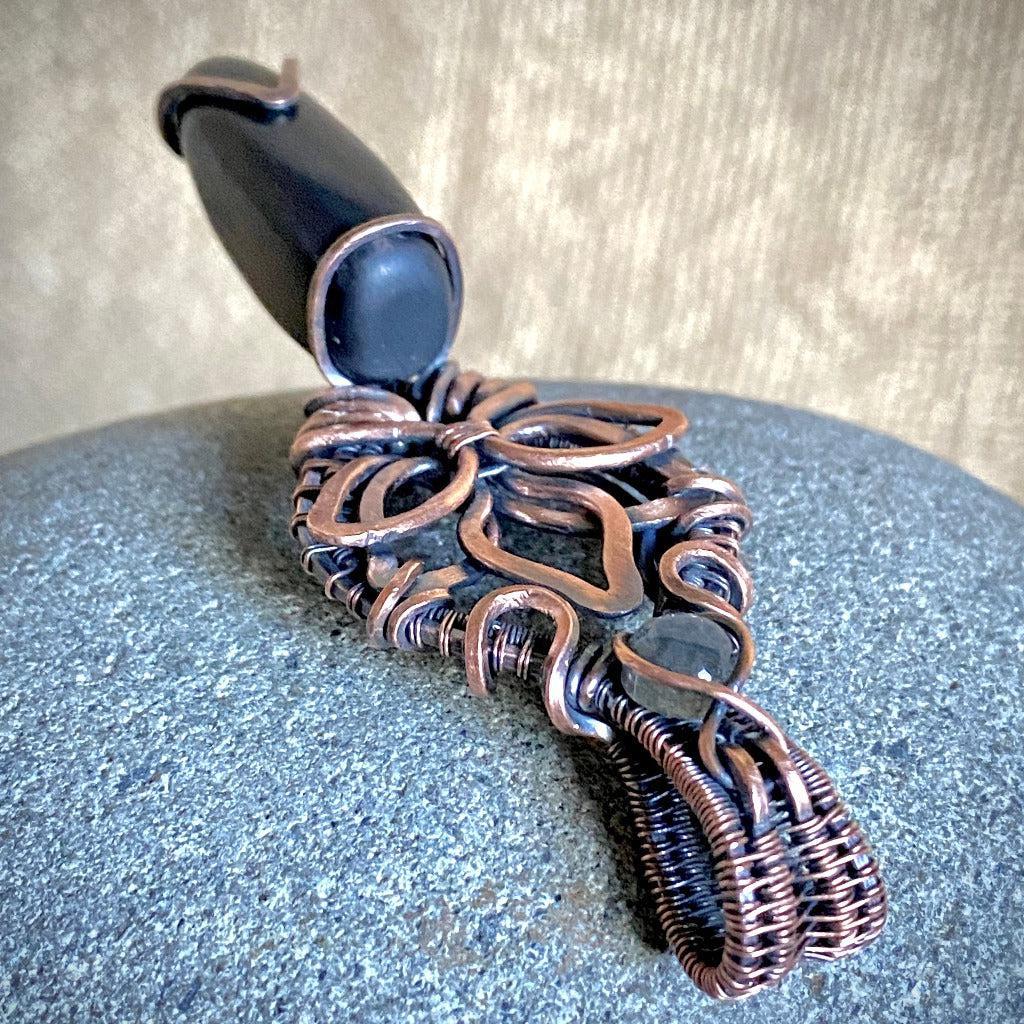 Black Shungite Pendant with Antiqued Copper Lotus & Labradorite