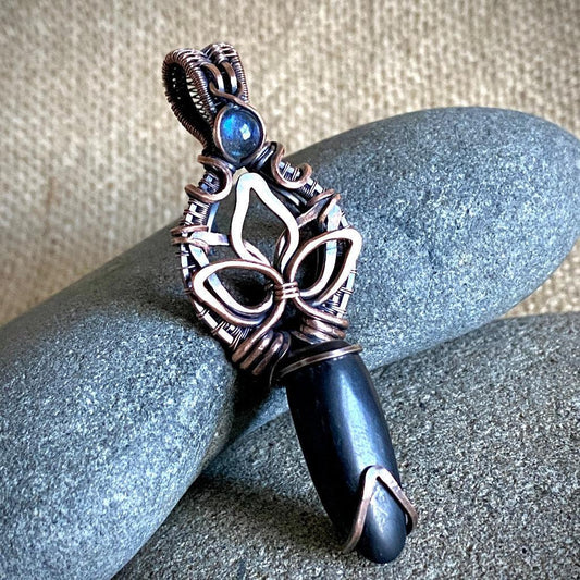 Black Shungite Pendant with Antiqued Copper Lotus & Labradorite