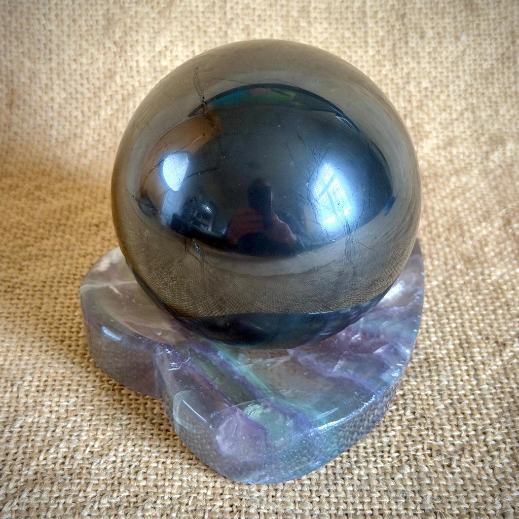 Black Shungite Sphere, 3 Inch | Carved Fluorite Heart Bowl
