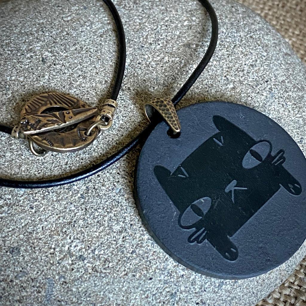 CATitude Shungite Pendant | Fancy Brass Toggle Clasp, Black Leather