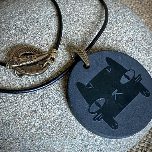 CATitude Shungite Pendant | Fancy Brass Toggle Clasp, Black Leather