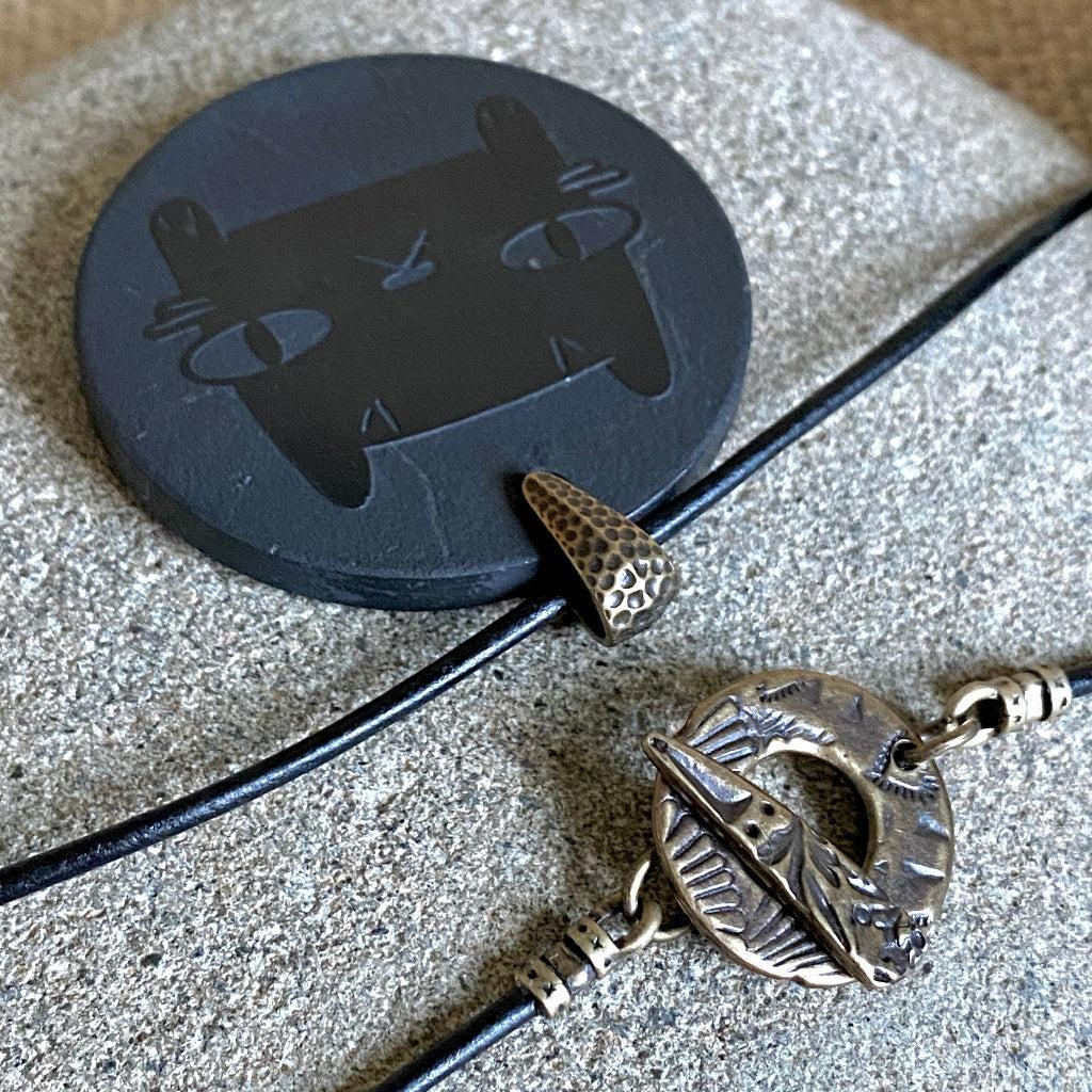 CATitude Shungite Pendant | Fancy Brass Toggle Clasp, Black Leather