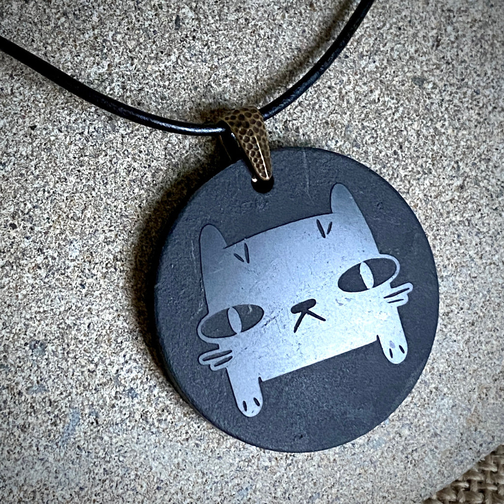 CATitude Shungite Pendant | Fancy Brass Toggle Clasp, Black Leather