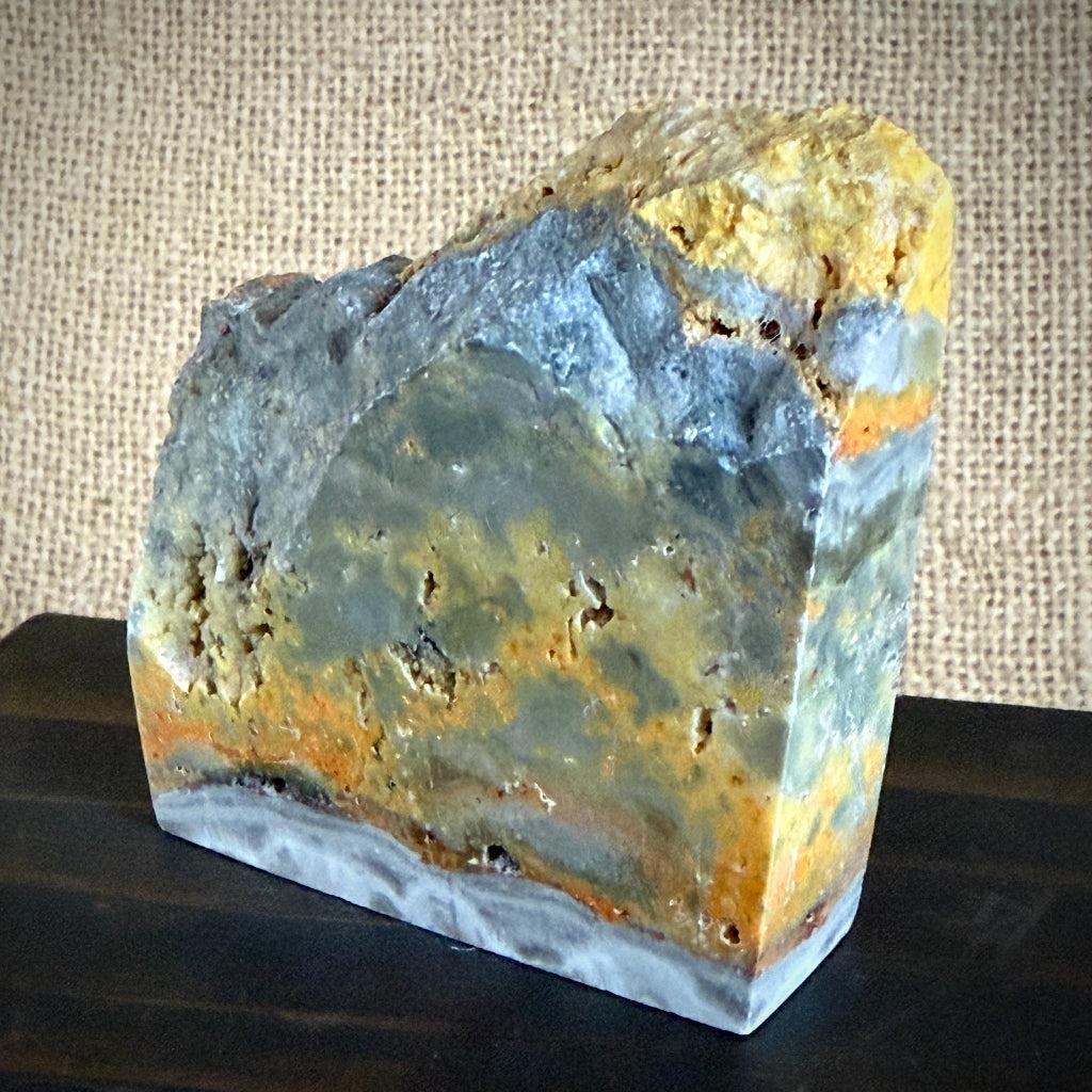 Carved Shungite Wolf With Selenite Crescent Moon | On Bumblebee Jasper