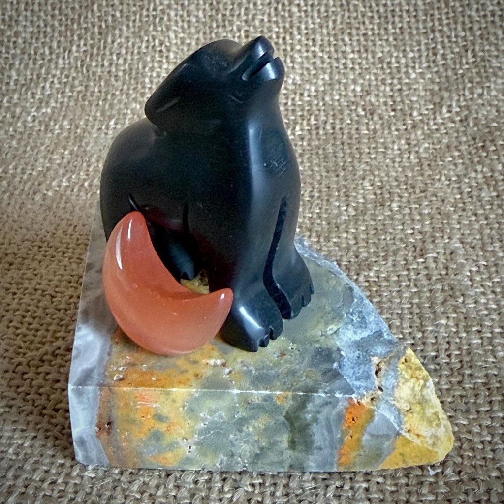 Carved Shungite Wolf With Selenite Crescent Moon | On Bumblebee Jasper