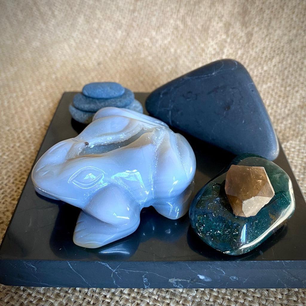 Chalcedony Frog, Natural Zambian Citrine Point on Black Shungite Tile