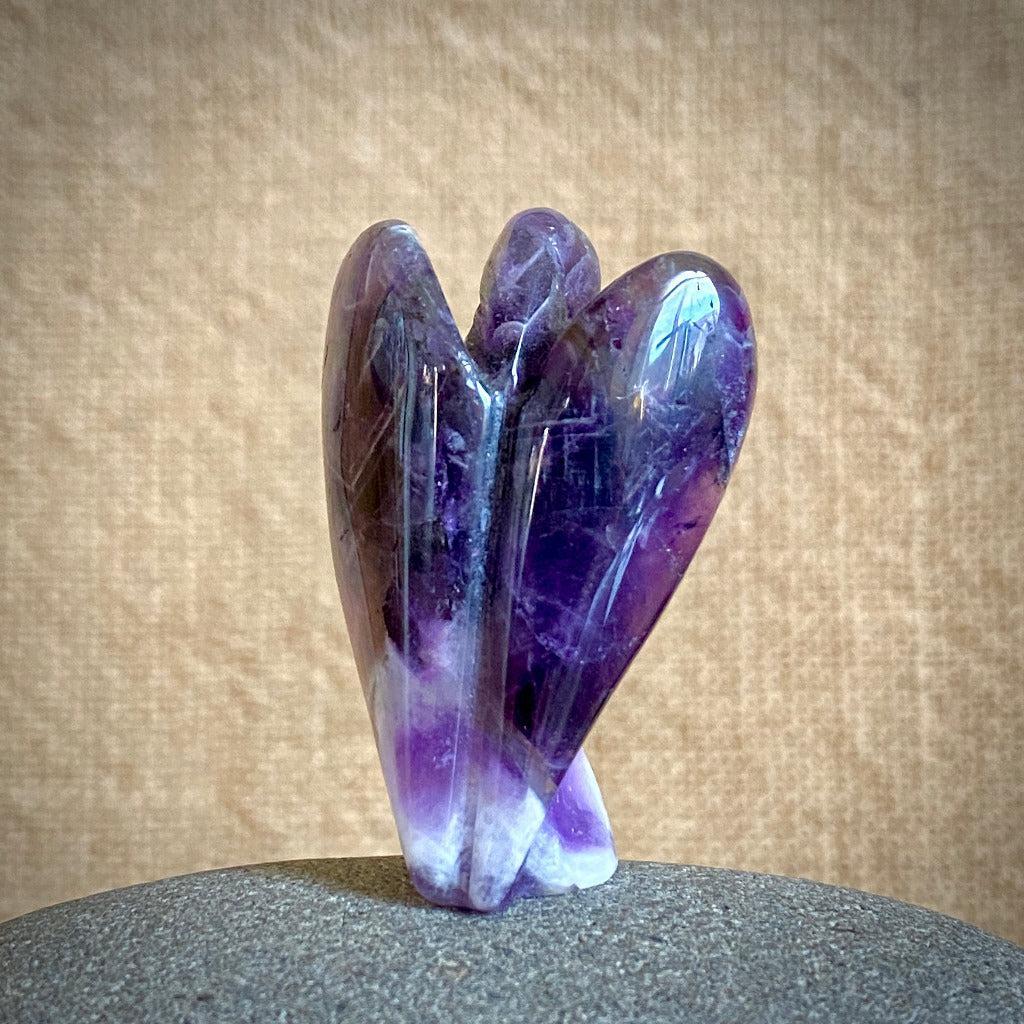 Chevron Amethyst Angel on Polished Charoite with River Tumbled Shungite