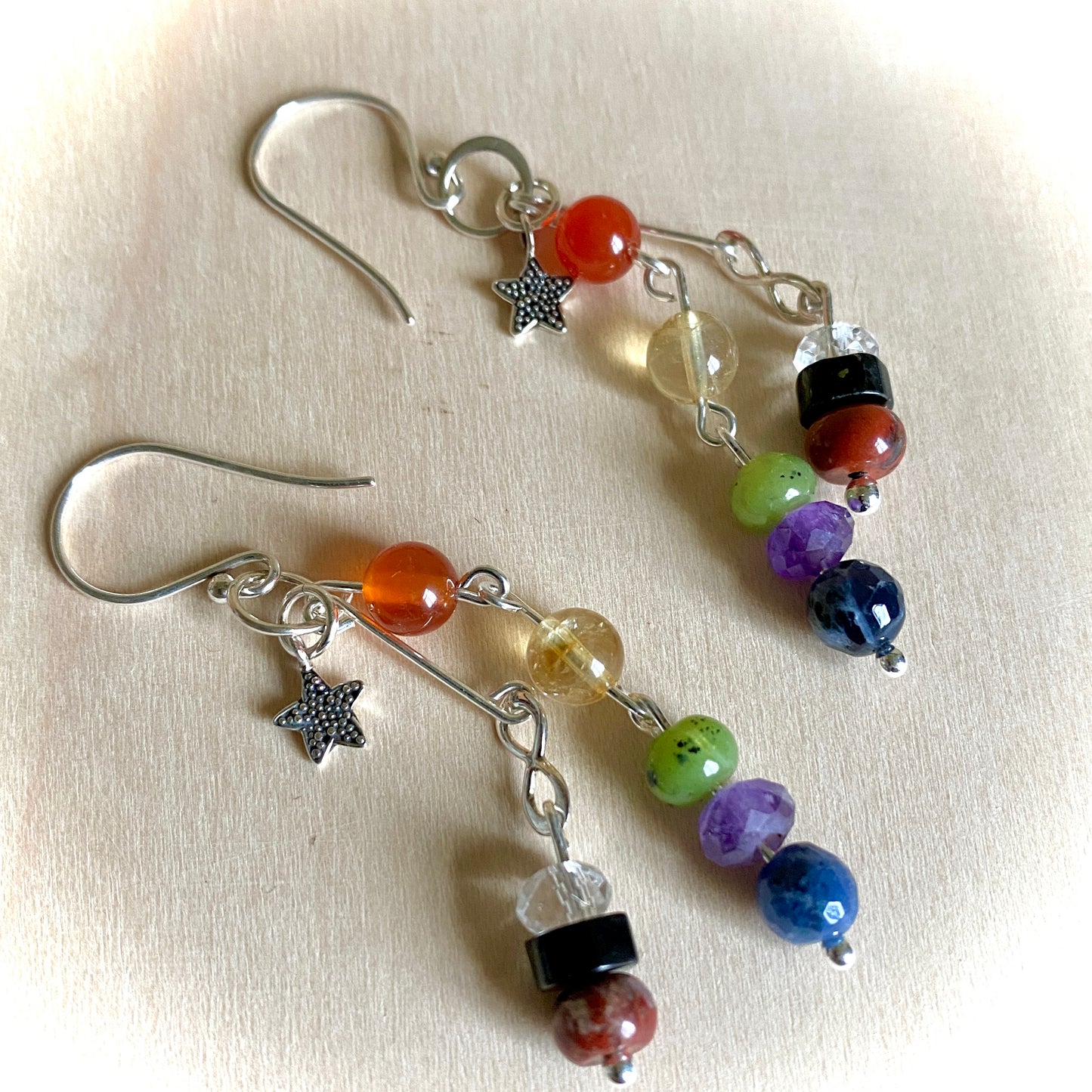 Dangly 7 Chakra Earrings With Sterling Silver Infinity & Star Charms