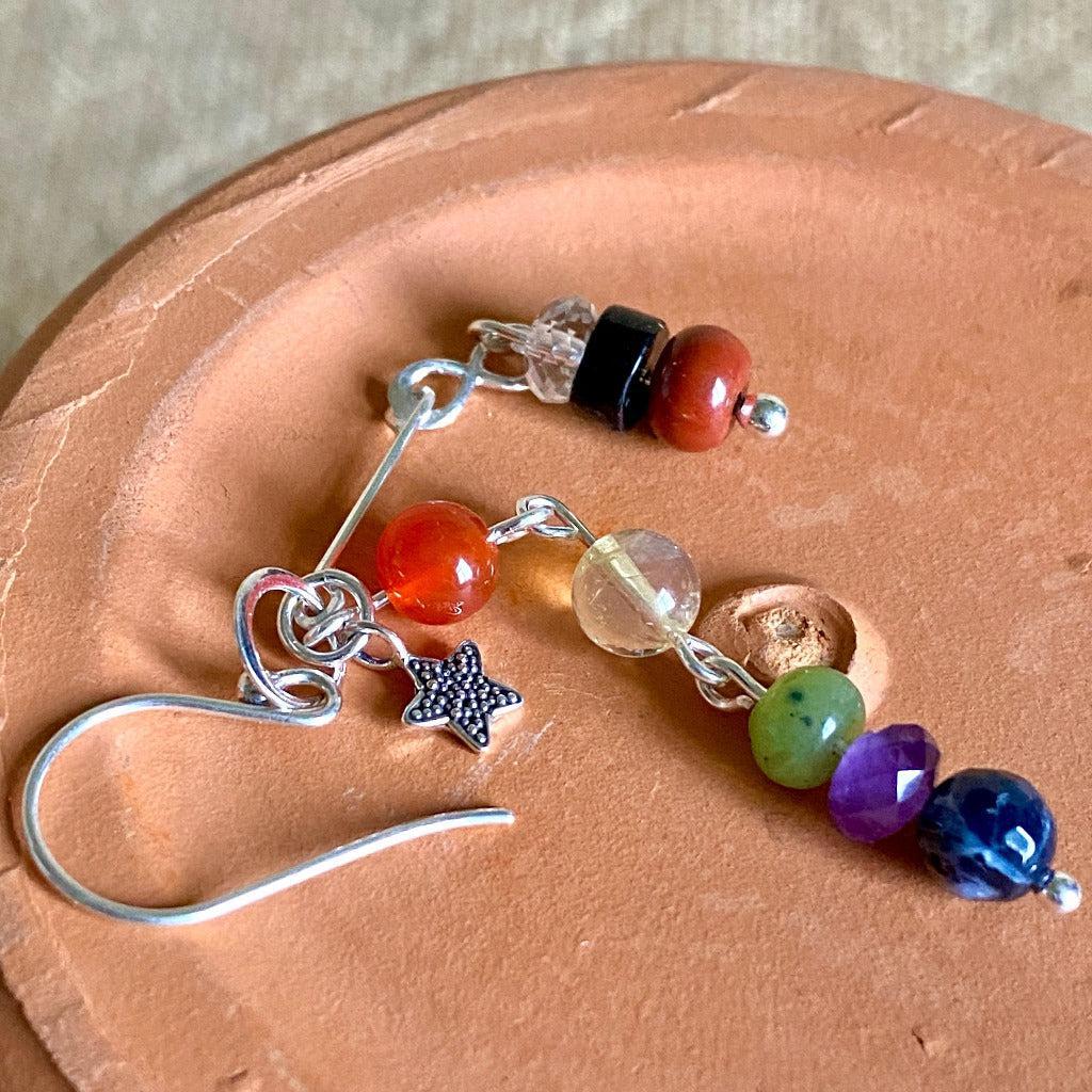 Dangly 7 Chakra Earrings With Sterling Silver Infinity & Star Charms