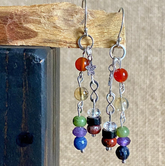 Dangly 7 Chakra Earrings With Sterling Silver Infinity & Star Charms