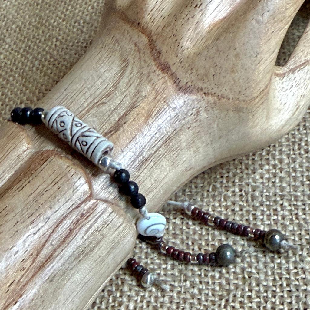 Dangly Adjustable Beaded Shungite Bracelet | Ceramic Focal & Shiva Eye