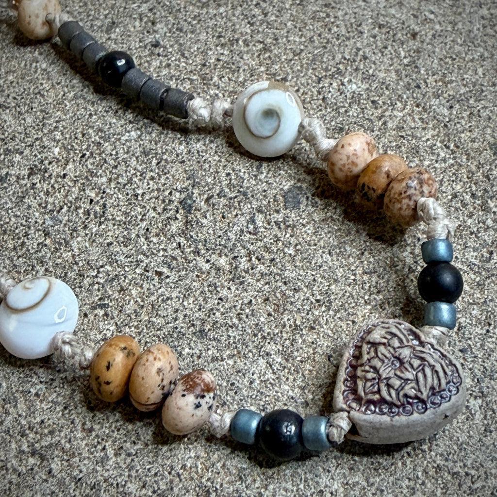 Dangly Adjustable Beaded Shungite Bracelet | Ceramic Heart Focal