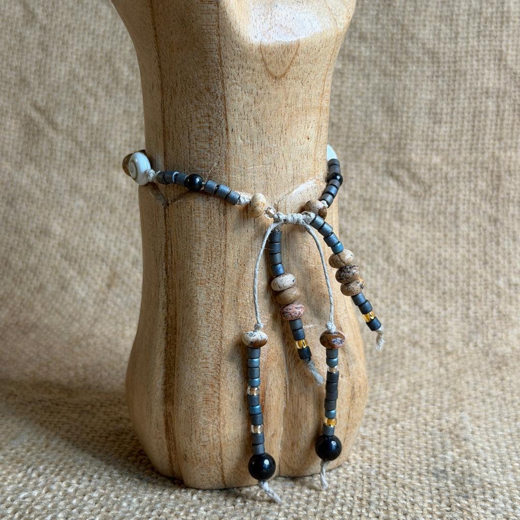 Dangly Adjustable Beaded Shungite Bracelet | Ceramic Heart Focal