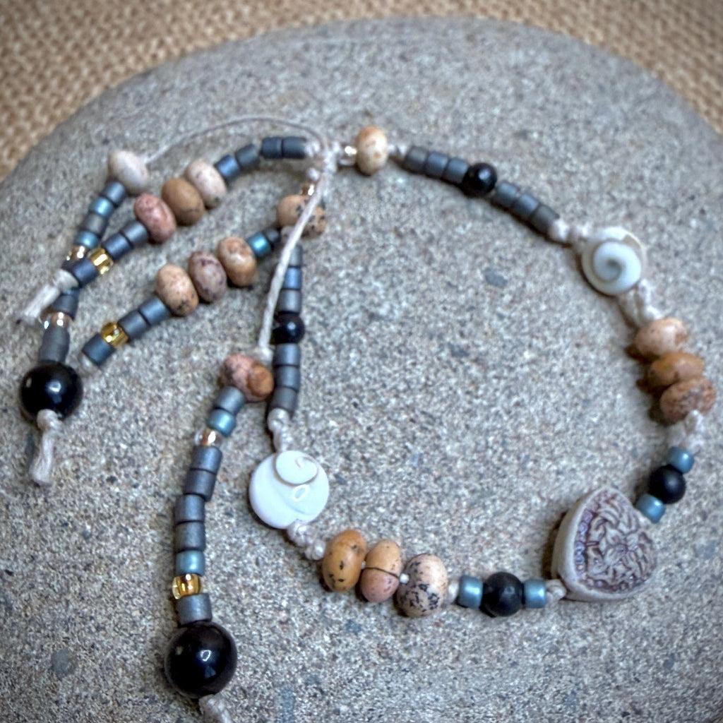 Dangly Adjustable Beaded Shungite Bracelet | Ceramic Heart Focal