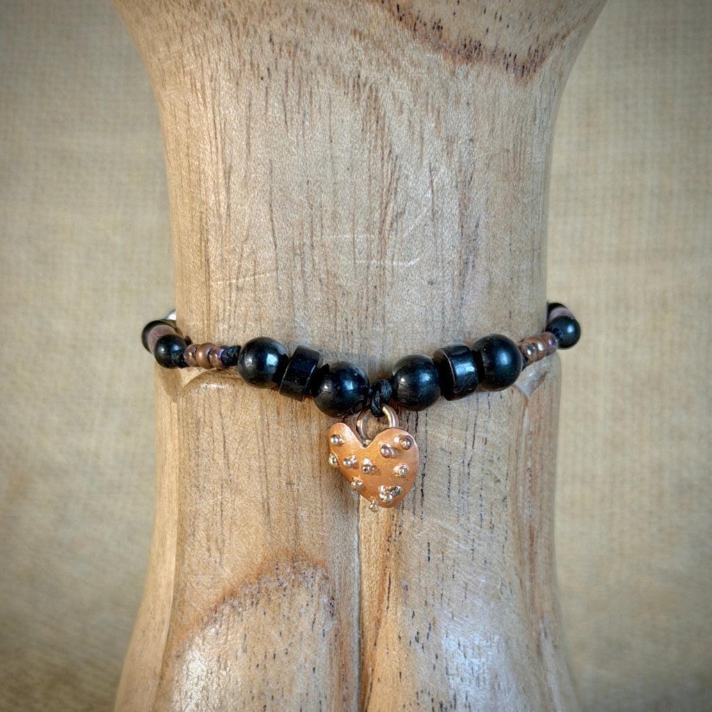 Dangly Adjustable Beaded Shungite Bracelet | Copper Heart & Shungite Beads