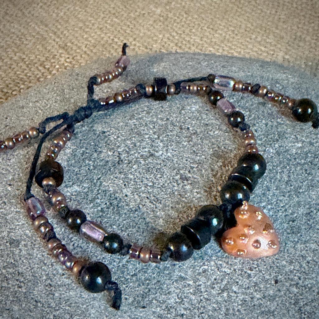 Dangly Adjustable Beaded Shungite Bracelet | Copper Heart & Shungite Beads