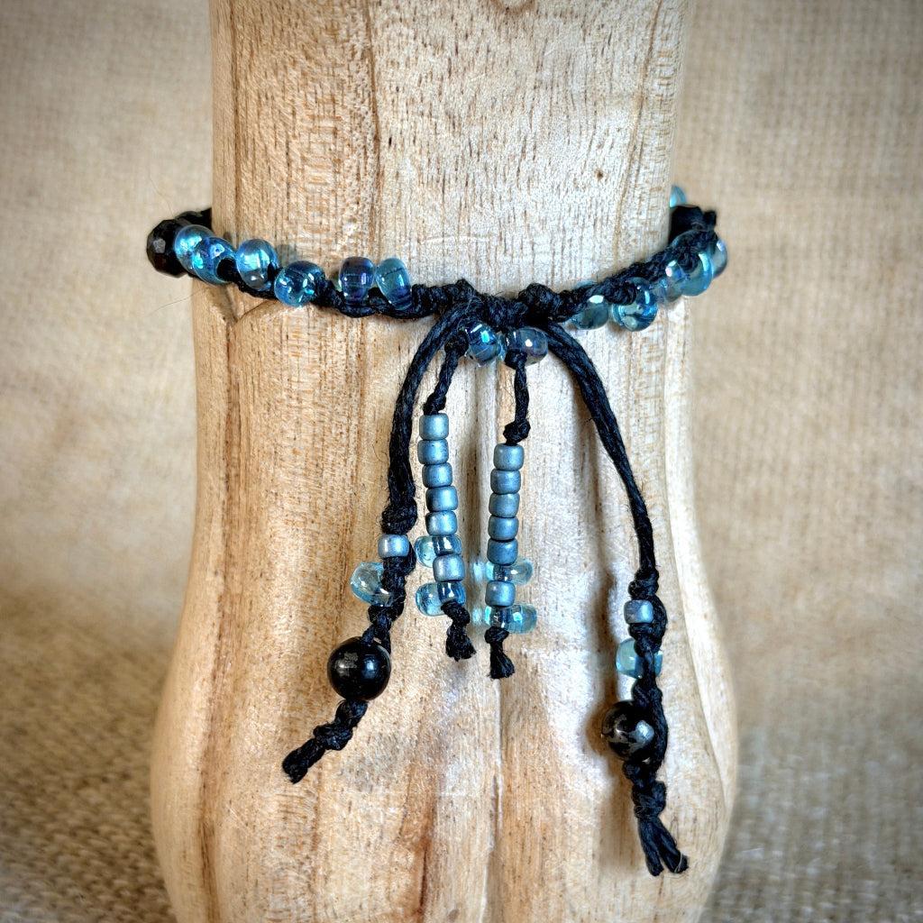 Dangly Adjustable Beaded Shungite Bracelet | Iridescent Blue Glass