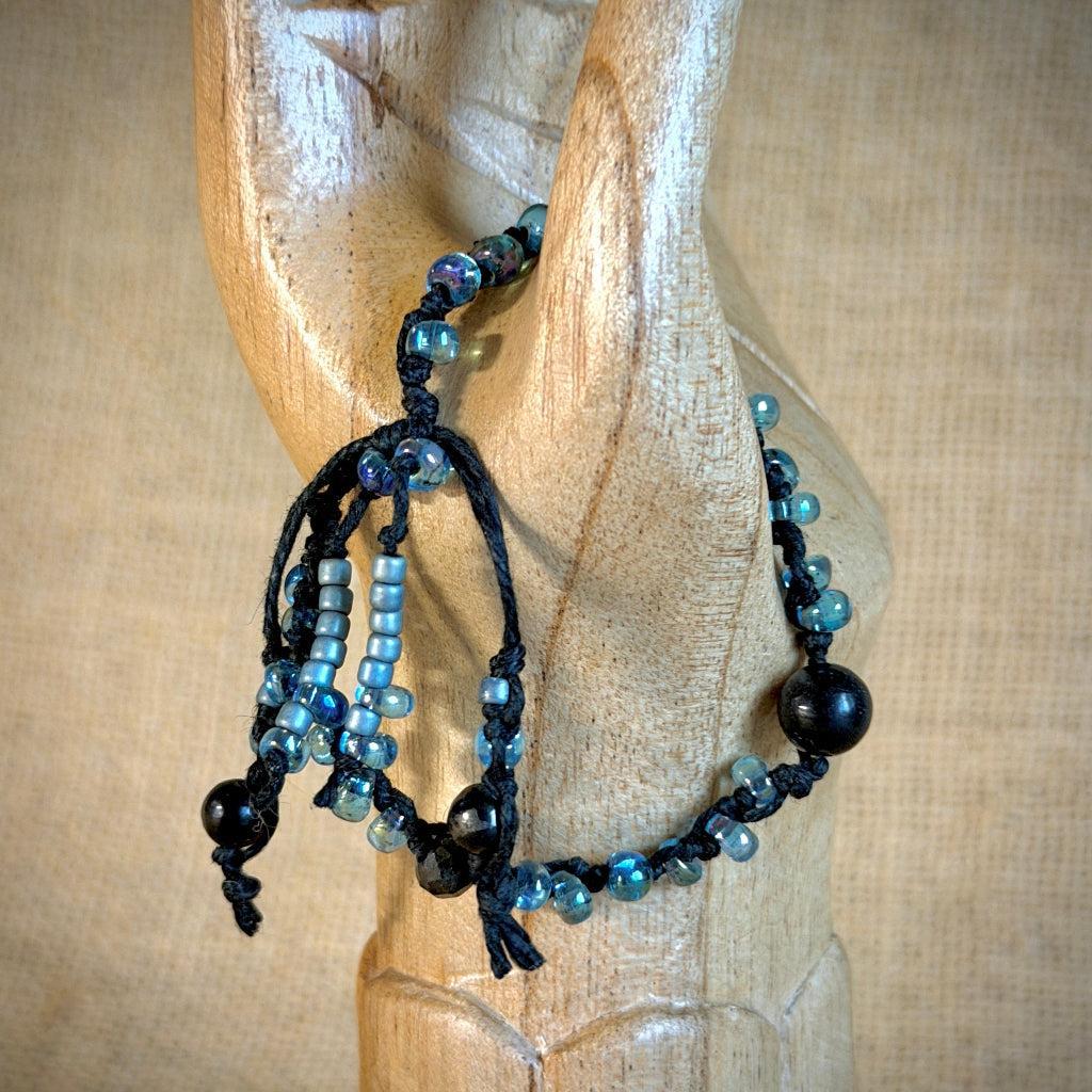 Dangly Adjustable Beaded Shungite Bracelet | Iridescent Blue Glass