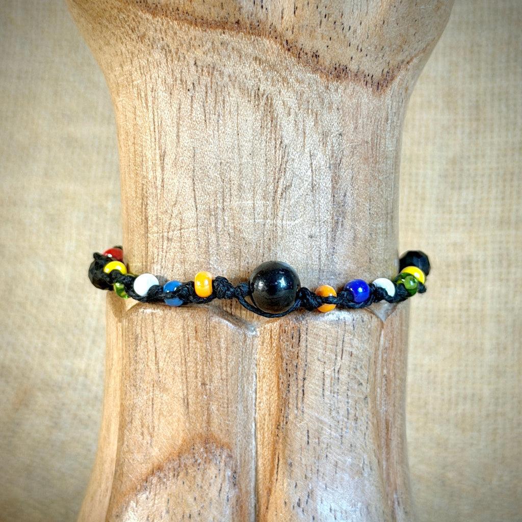 Dangly Adjustable Beaded Shungite Bracelet | Multicolor on Black Hemp