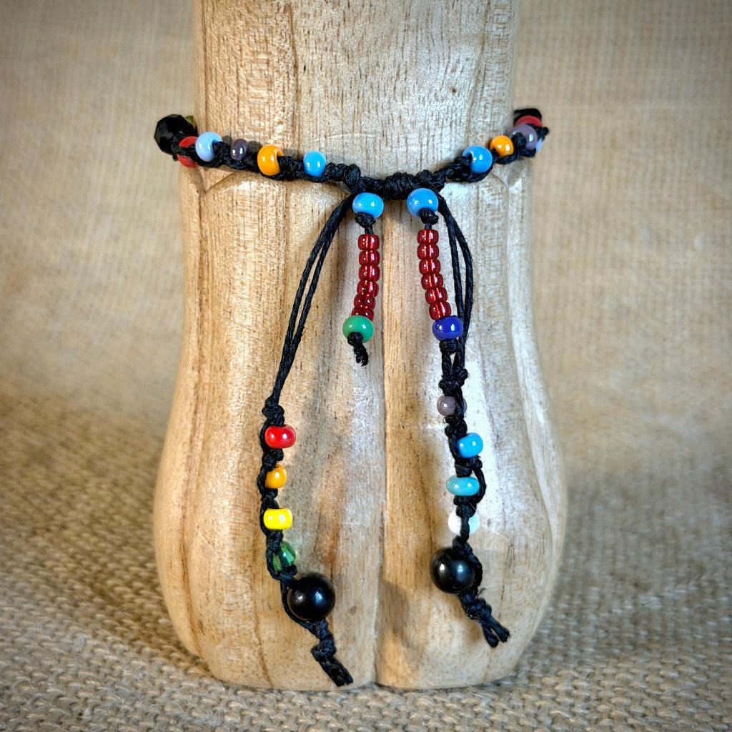 Dangly Adjustable Beaded Shungite Bracelet | Multicolor on Black Hemp
