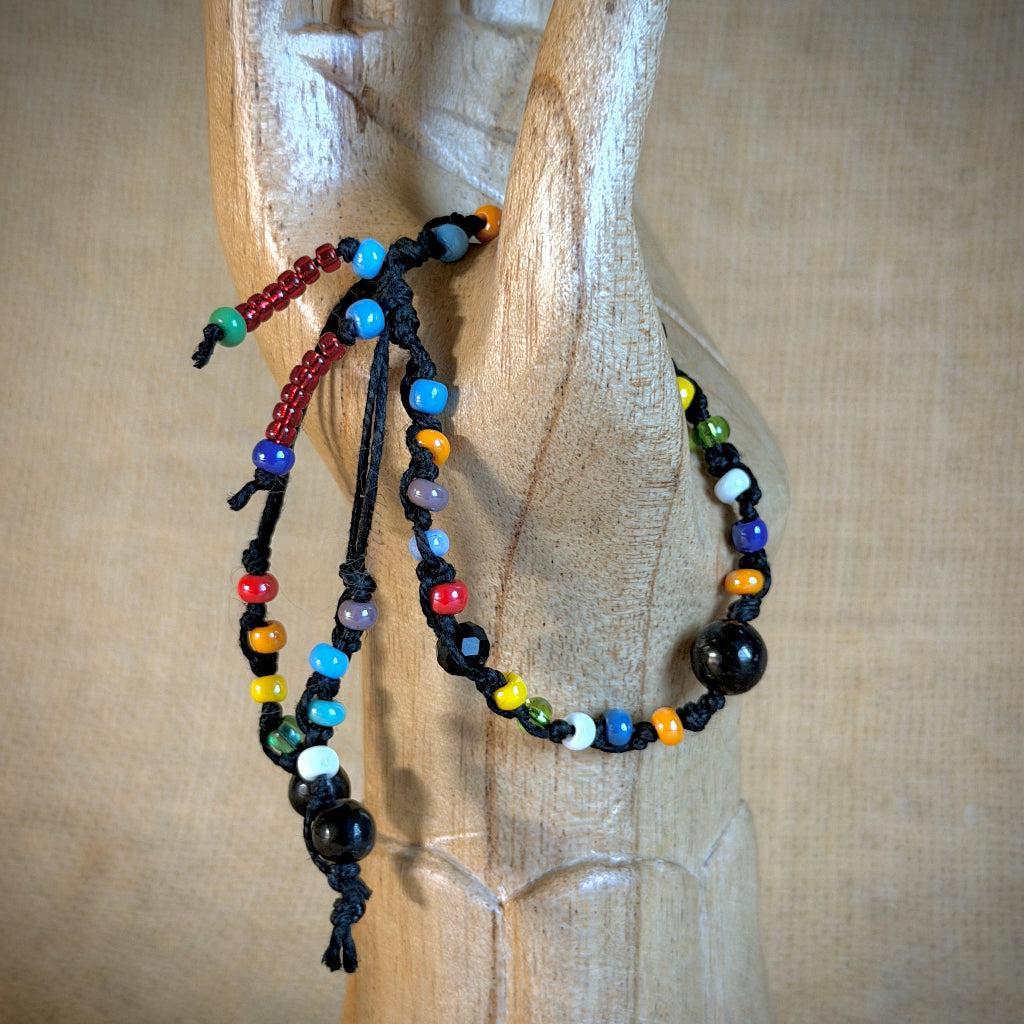 Dangly Adjustable Beaded Shungite Bracelet | Multicolor on Black Hemp